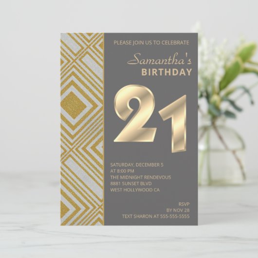 Gold en Silver Art Deco Birthday Uitnodiging (Staand voorkant)