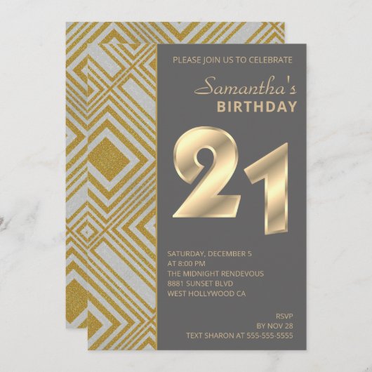 Gold en Silver Art Deco Birthday Uitnodiging (Voorkant / Achterkant)