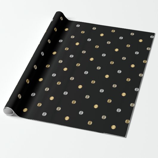 Gold en Silver Polka Dots op Black Satin Cadeaupapier (Uitgerold)