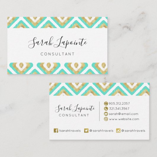 Gold- en Turquoise-chic- en legant Ikat-patroon Visitekaartje (Voorkant / Achterkant)