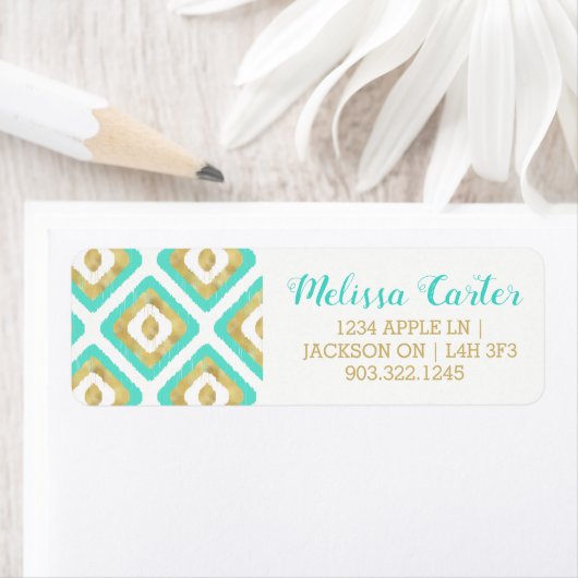 Gold- en Turquoise-chic Ikat-patroon Etiket (Insitu)