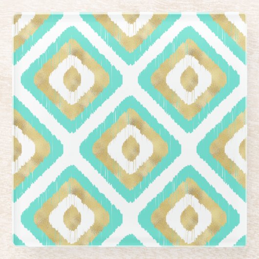 Gold- en Turquoise-chic Ikat-patroon Glazen Onderzetter (Voorkant)