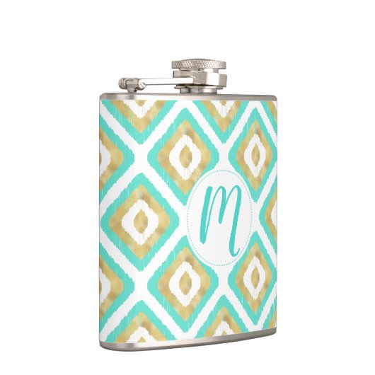 Gold- en Turquoise-chic Ikat-patroon Heupfles (Rechts)