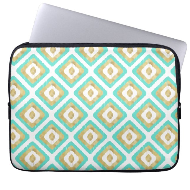 Gold- en Turquoise-chic Ikat-patroon Laptop Sleeve (Voorkant)