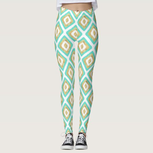 Gold- en Turquoise-chic Ikat-patroon Leggings (Voorkant)