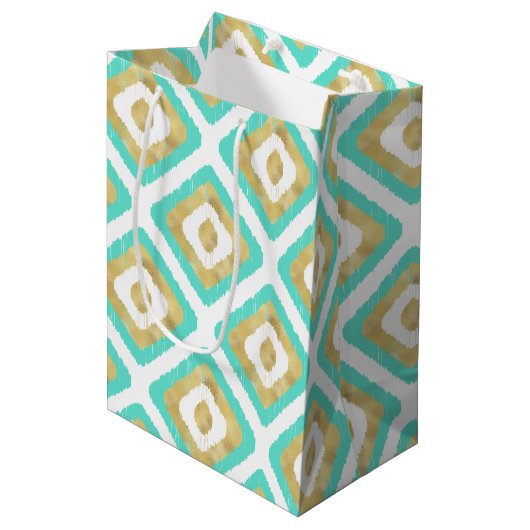 Gold- en Turquoise-chic Ikat-patroon Medium Cadeauzakje (Voorkant Gekanteld)