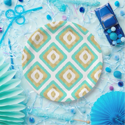 Gold- en Turquoise-chic Ikat-patroon Papieren Bordje (Feest)