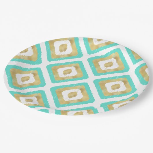 Gold- en Turquoise-chic Ikat-patroon Papieren Bordje (Gekanteld)