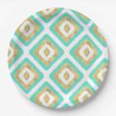 Gold- en Turquoise-chic Ikat-patroon Papieren Bordje (Voorkant)