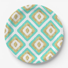Gold- en Turquoise-chic Ikat-patroon Papieren Bordje