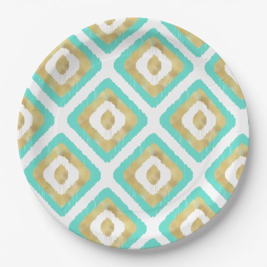 Gold- en Turquoise-chic Ikat-patroon Papieren Bordje (Voorkant)