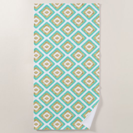 Gold- en Turquoise-chic Ikat-patroon Strandlaken (Voorkant)