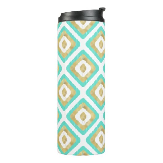 Gold- en Turquoise-chic Ikat-patroon Thermosbeker (Gedraaid links)