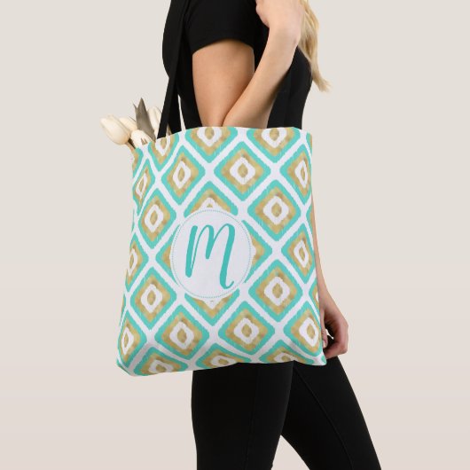 Gold- en Turquoise-chic Ikat-patroon Tote Bag (Dichtbij)