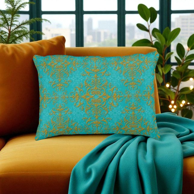 Gold- en Turquoise Damask-stijlpatroon Decoratief Kussen (Creator heeft geüpload)