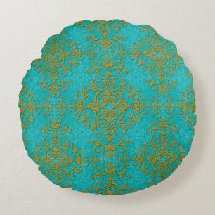 Gold en Turquoise Floral Damask Style Pattern Rond Kussen