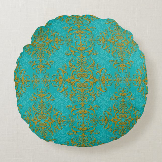 Gold en Turquoise Floral Damask Style Pattern Rond Kussen (Voorkant)
