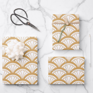Gold en White Art Deco Fan Flowers Pattern Inpakpapier Vel