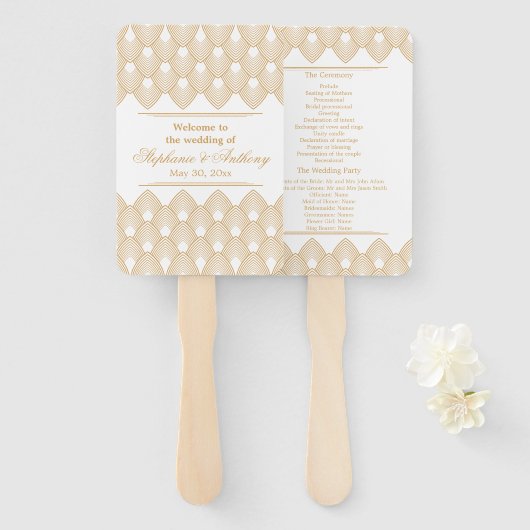 Gold en White Art Deco Pattern Wedding Handwaaier (Voorkant en achterkant)