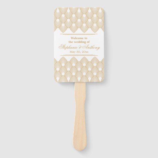 Gold en White Art Deco Pattern Wedding Handwaaier (Voorkant)