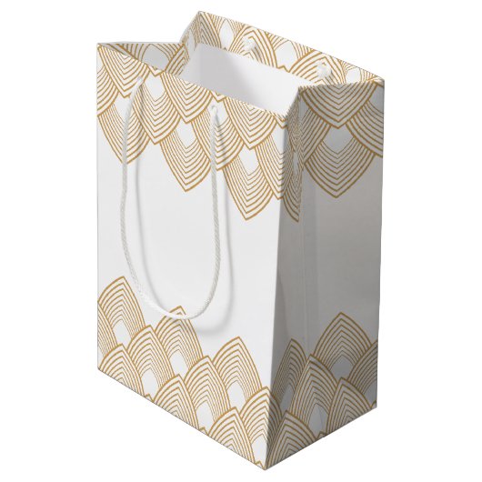 Gold en White Art Deco Pattern Wedding Medium Cadeauzakje (Achterkant Gekanteld)