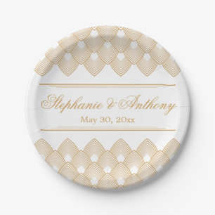 Gold en White Art Deco Pattern Wedding Papieren Bordje