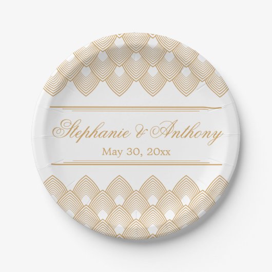 Gold en White Art Deco Pattern Wedding Papieren Bordje (Voorkant)