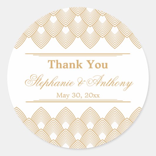 Gold en White Art Deco Pattern Wedding Ronde Sticker (Voorkant)
