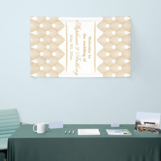 Gold en White Art Deco Pattern Wedding Spandoek (Beurs)