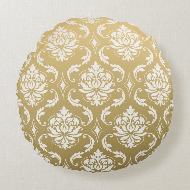 Gold en White Classic Damask Rond Kussen (Voorkant)