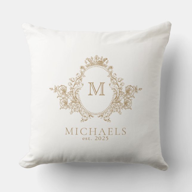  Gold en White Crest Monogram Kussen (Voorkant)