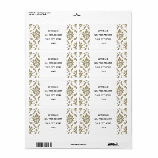Gold en White Damask Pattern Etiket (Full Sheet)