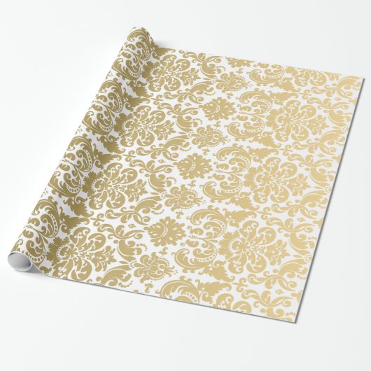 Gold en White Elegant Damask Pattern Cadeaupapier (Uitgerold)