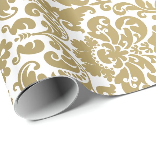 Gold en White Elegant Damask Pattern Cadeaupapier (Rol Hoek)