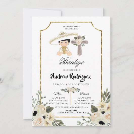 Gold en White Floral Boy Bautizo Invitacion Kaart (Voorkant)