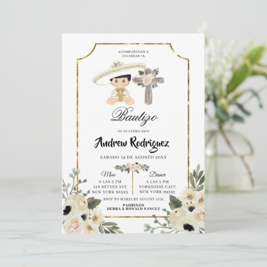 Gold en White Floral Boy Bautizo Invitacion Kaart (Staand voorkant)
