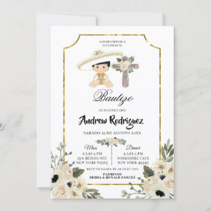 Gold en White Floral Boy Bautizo Invitacion Kaart