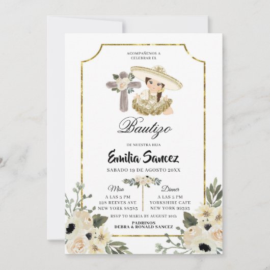 Gold en White Floral Girl Bautizo Invitacion Kaart (Voorkant)