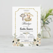 Gold en White Floral Girl Bautizo Invitacion Kaart (Staand voorkant)