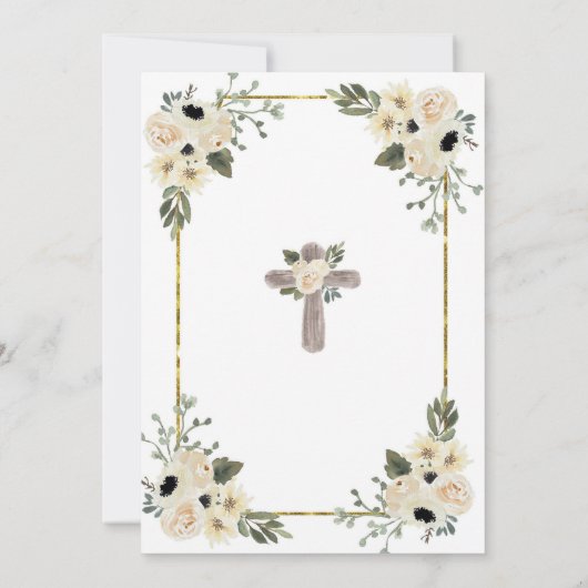 Gold en White Floral Girl Bautizo Invitacion Kaart (Achterkant)