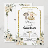 Gold en White Floral Girl Bautizo Invitacion Kaart (Voorkant / Achterkant)