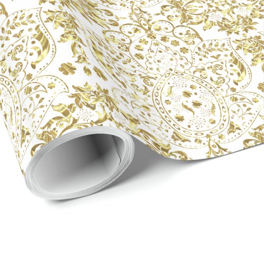 Gold- en White Floral-patroon Cadeaupapier (Rol Hoek)
