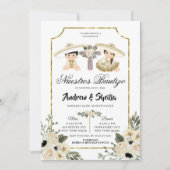 Gold en White Floral Twin Boy Girl Bautizo Kaart (Voorkant)