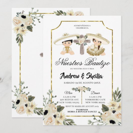 Gold en White Floral Twin Boy Girl Bautizo Kaart (Voorkant / Achterkant)