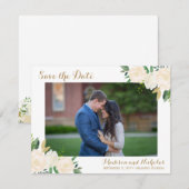 Gold en White Flower foto Save the Date Cards (Voorkant / Achterkant)