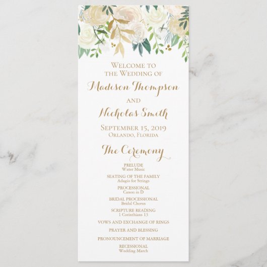Gold- en White Flower Wedding Program-kaarten Programmakaart (Voorkant)