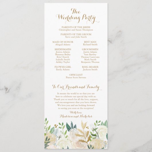 Gold- en White Flower Wedding Program-kaarten Programmakaart (Achterkant)