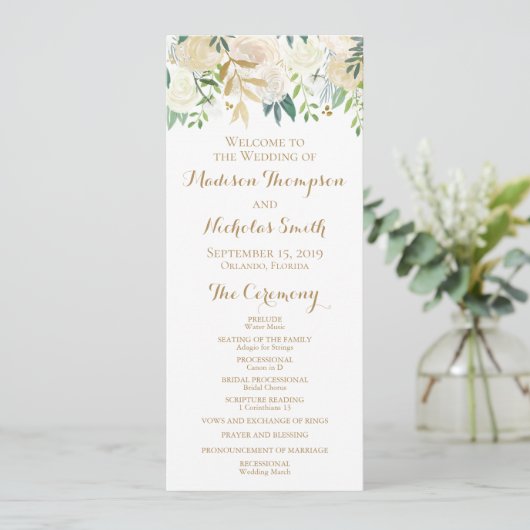 Gold- en White Flower Wedding Program-kaarten Programmakaart (Staand voorkant)