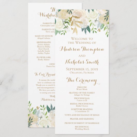 Gold- en White Flower Wedding Program-kaarten Programmakaart (Voorkant / Achterkant)