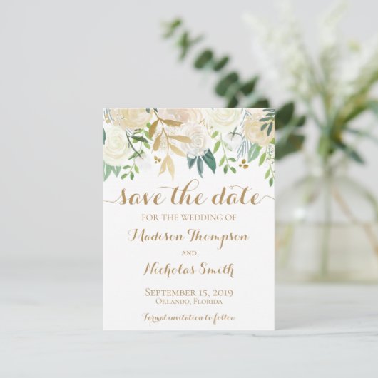 Gold en White Flower Wedding Save the Date Card (Staand voorkant)